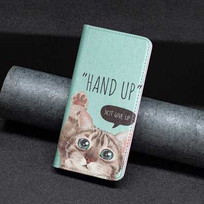 Light blue flip phone case with kitten graphic and “HAND UP” text, viewed from front