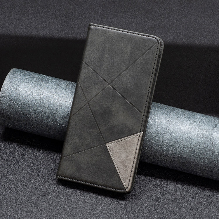 Grey leather folio phone case with diagonal stitching and front card pocket