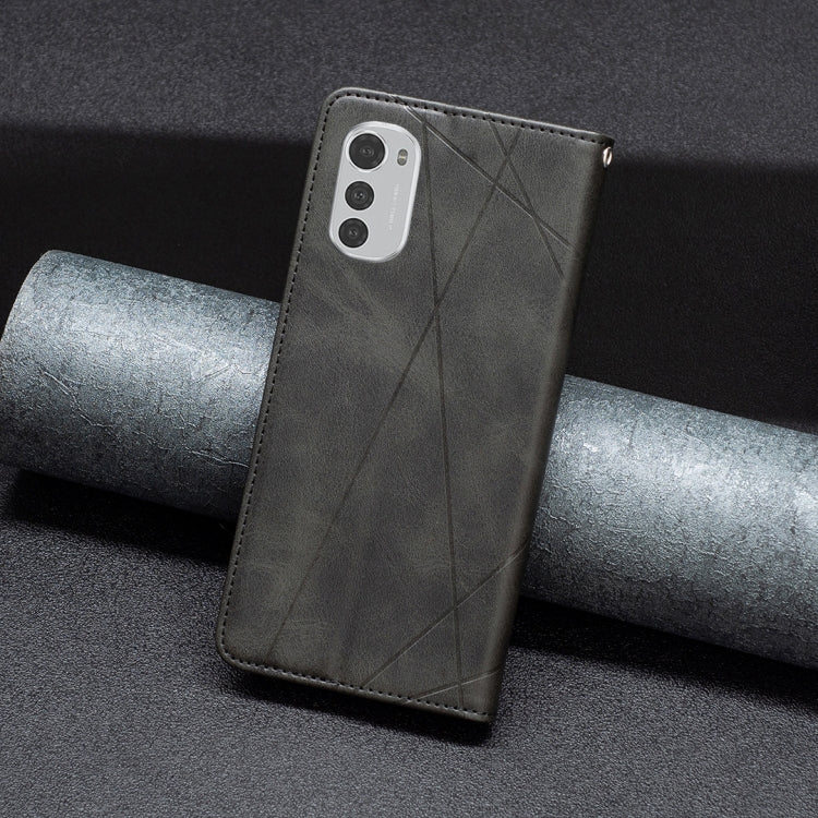 Grey leather phone case with camera cutout and diagonal embossed pattern