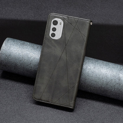 Grey leather phone case with camera cutout and diagonal embossed pattern