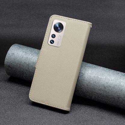 Light beige leather folio phone case with camera cutout and side button openings