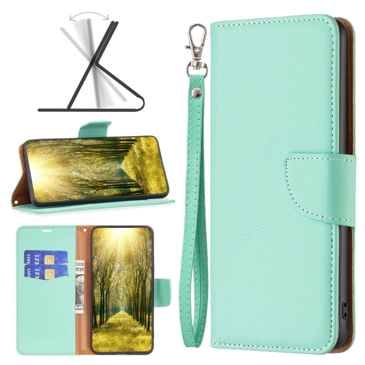 Mint green leather folio phone case with front flap and stitched snap closure