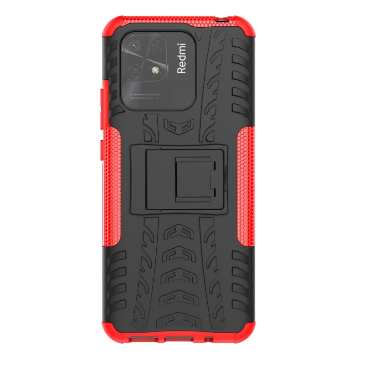 Black tire-texture phone case with red accents and built-in kickstand holder