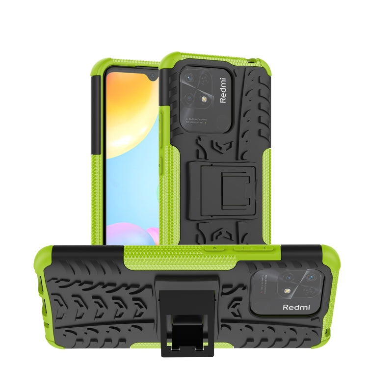 Rugged phone case with holder, tire-textured green and black TPU+PC