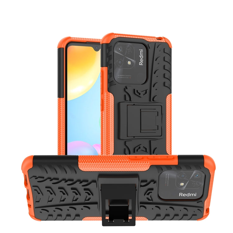 Rugged phone case with holder, tire-textured orange and black TPU+PC