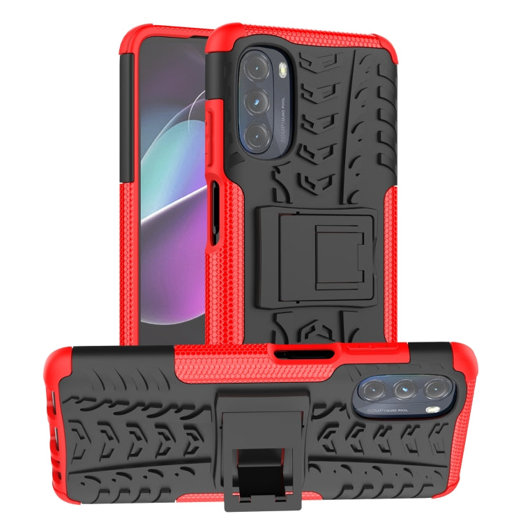 Rugged phone case with holder, tire-textured red and black TPU+PC