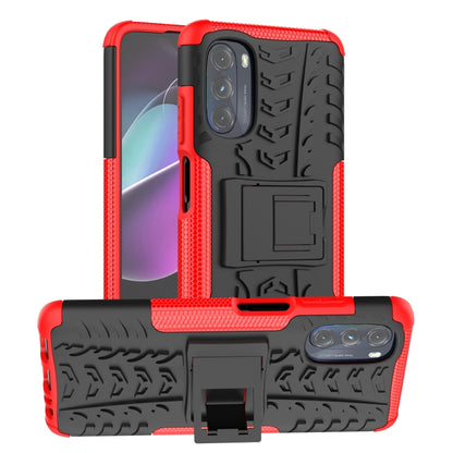Rugged phone case with holder, tire-textured red and black TPU+PC