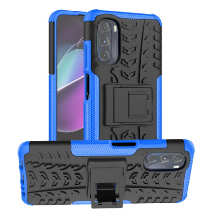 Rugged phone case with holder, tire-textured blue and black TPU+PC