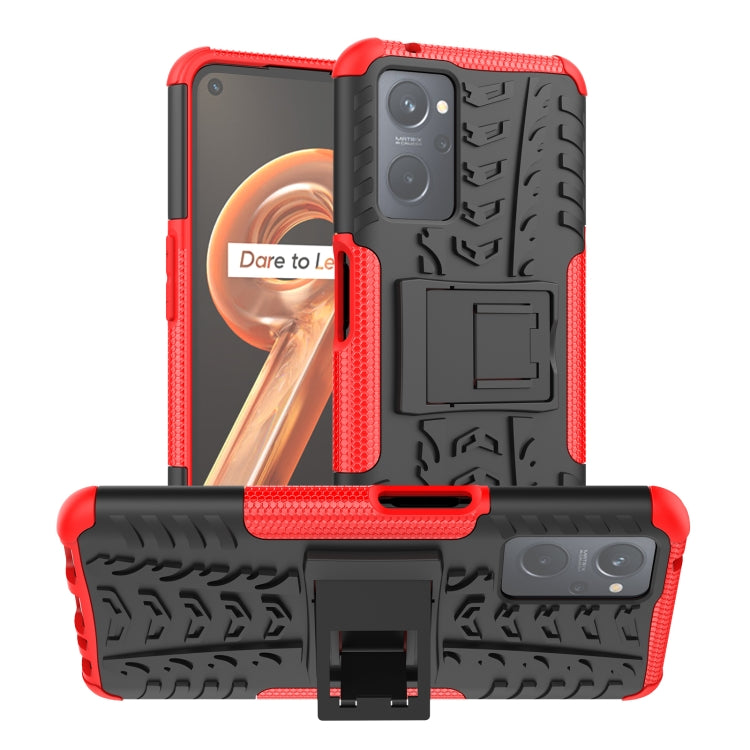 Rugged phone case with holder, tire-textured red and black TPU+PC