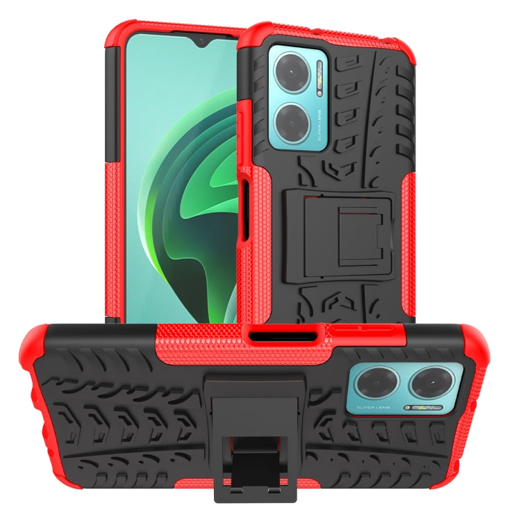 Phone case with holder, red tire-texture TPU and PC, textured grip edges