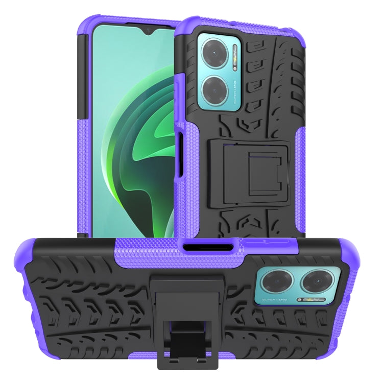 Phone case with holder, purple tire-texture TPU and PC, raised screen lip