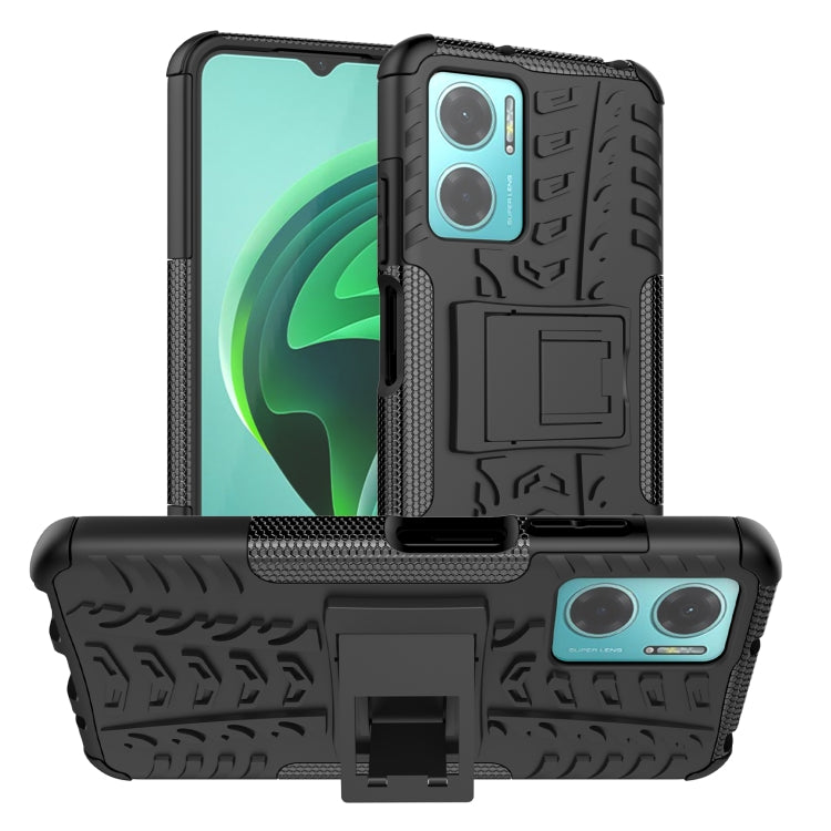 Phone case with holder, black tire-texture TPU and PC, rugged camera protection
