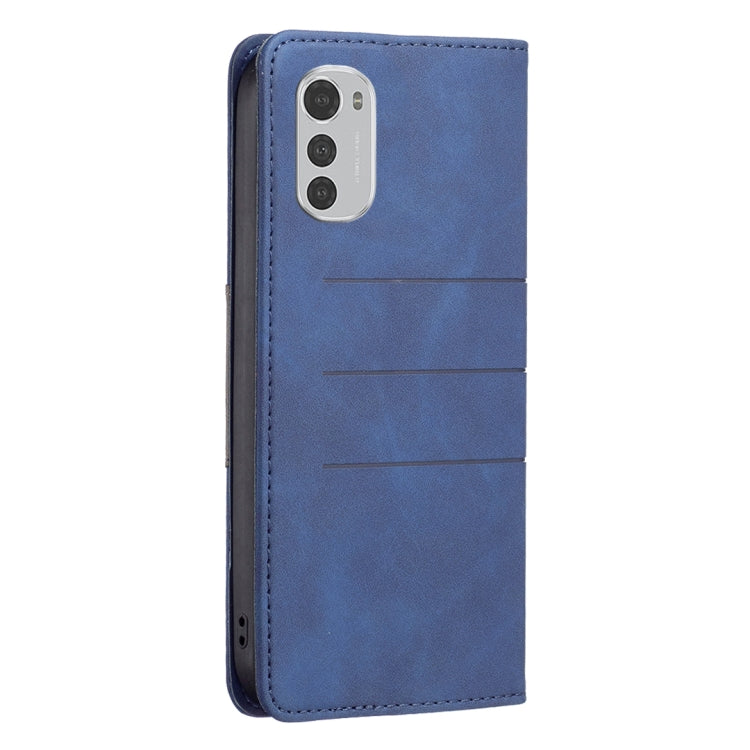 Blue leather wallet-style phone case with camera cutout and fold lines