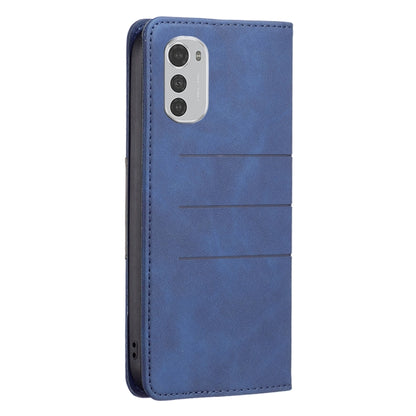 Blue leather wallet-style phone case with camera cutout and fold lines