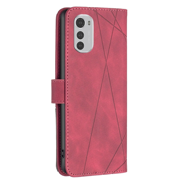 Red leather folio phone case with rhombus texture and visible camera cutout.