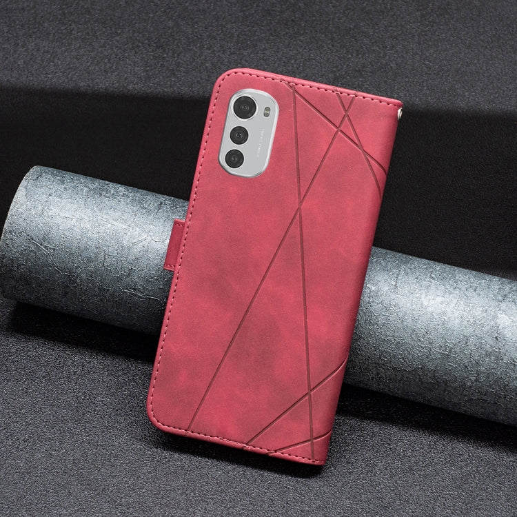 Red leather phone folio with rhombus texture and camera cutout.