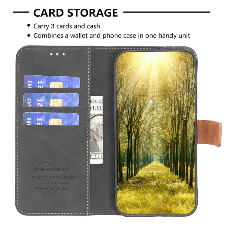 Leather phone wallet case, dark gray with tan trim; card slots and inner cash pocket.