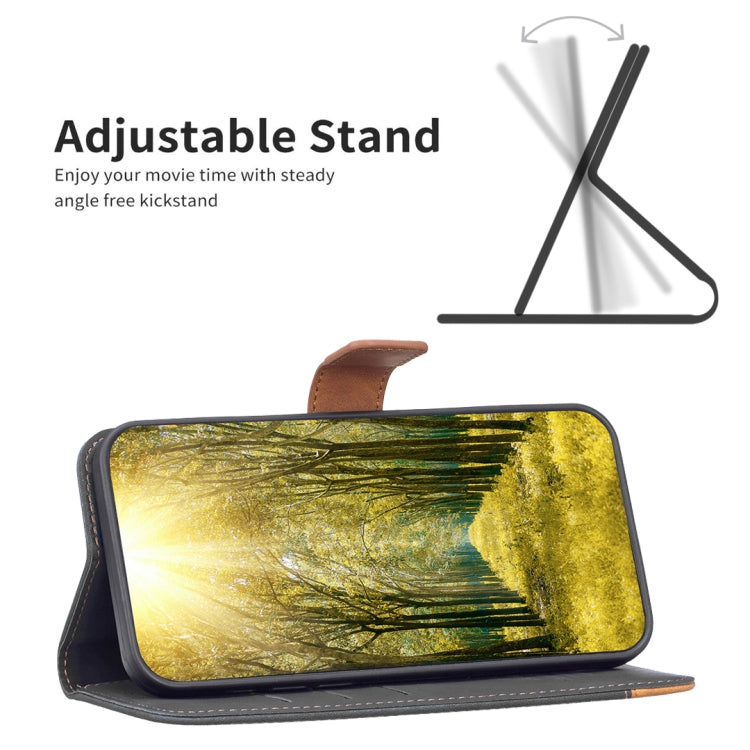 Leather phone wallet case with stand, dark gray exterior and tan magnetic strap.