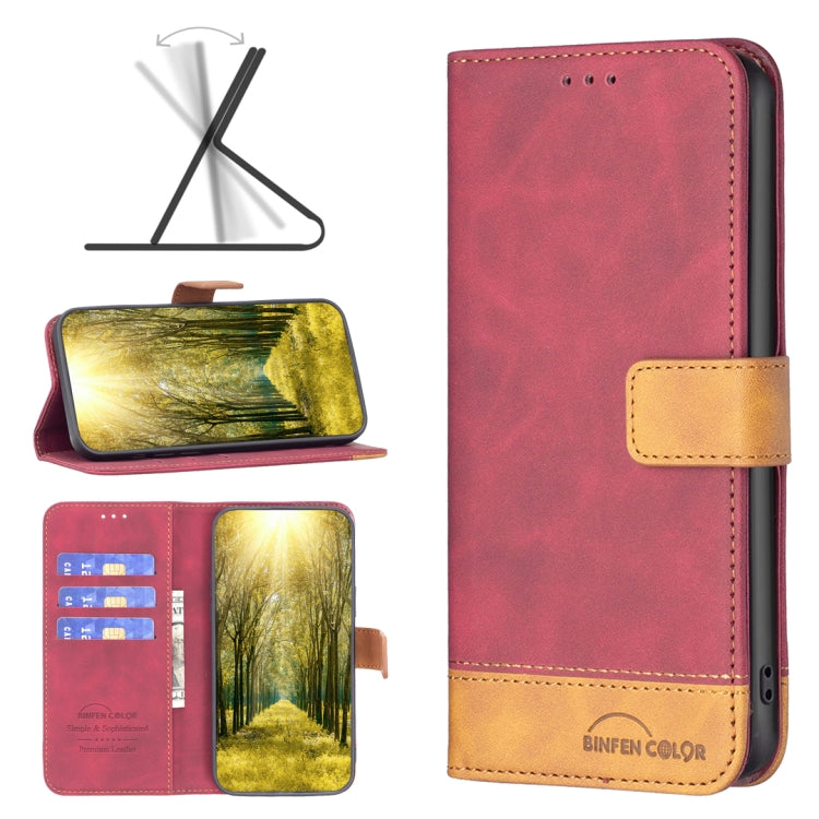 Pink/red leather wallet phone case with tan card slot, stitched trim, BINFEN COLOR logo.