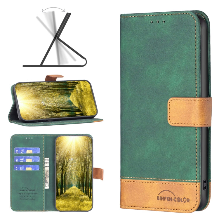 Green leather folio phone case with tan card holder and corner stitching, BINFEN COLOR logo.