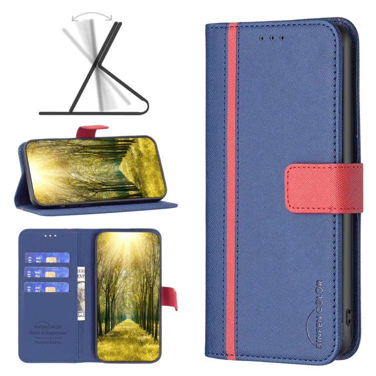 Blue leather folio phone case with red magnetic strap and cutouts