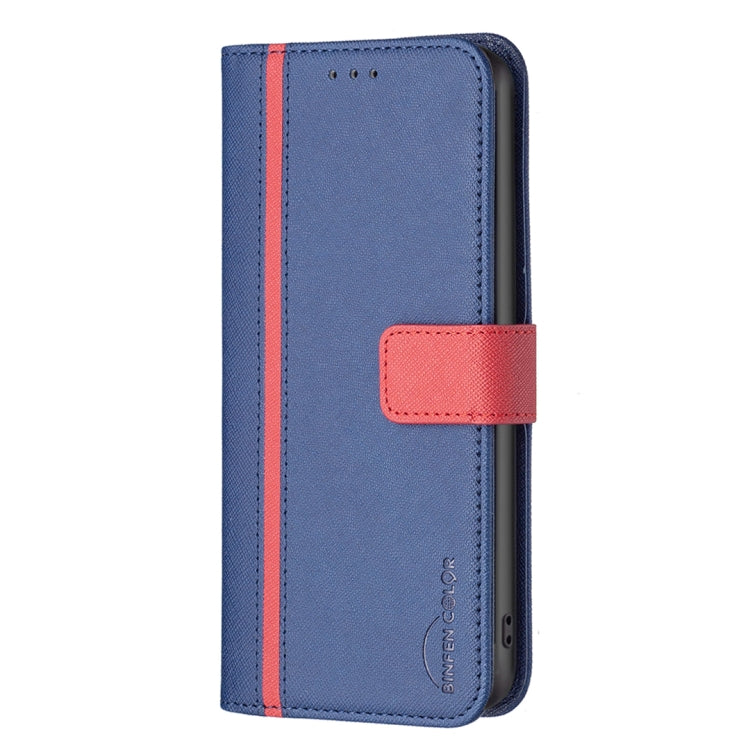 Blue leather folio phone case with red magnetic strap, side view