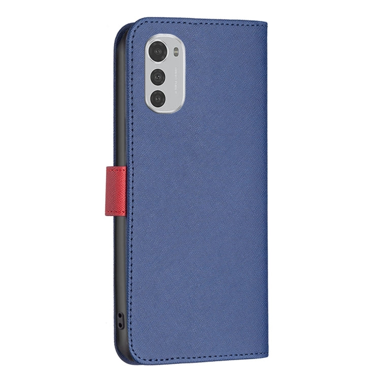 Blue leather phone case with camera cutout and red side strap