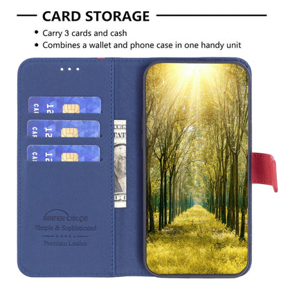 Blue leather wallet phone case with red strap and card slots