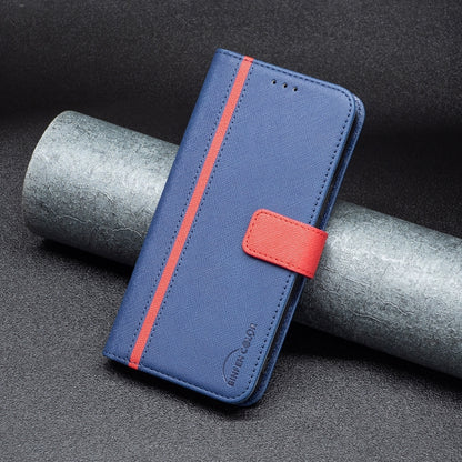 Blue leather folio phone case with red side stripe and strap tab