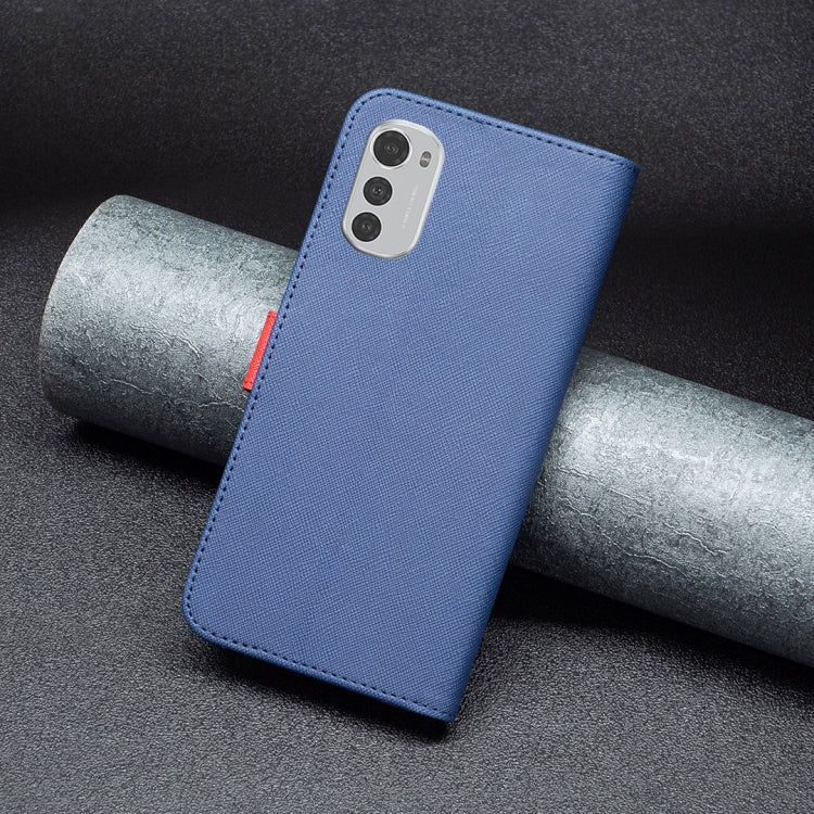 Blue leather phone case with camera cutout and red accent edge