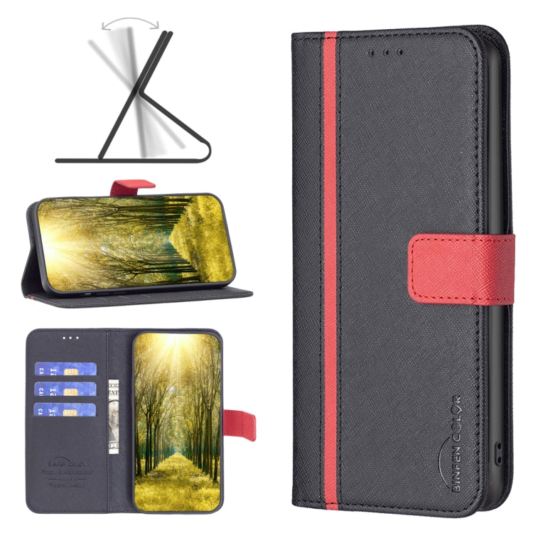 Dark gray leather wallet phone case with red vertical stripe and side card pocket flap