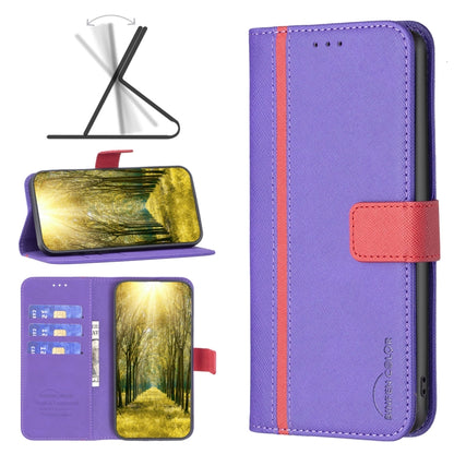 Purple leather wallet phone case with red card pocket and contrast stitching