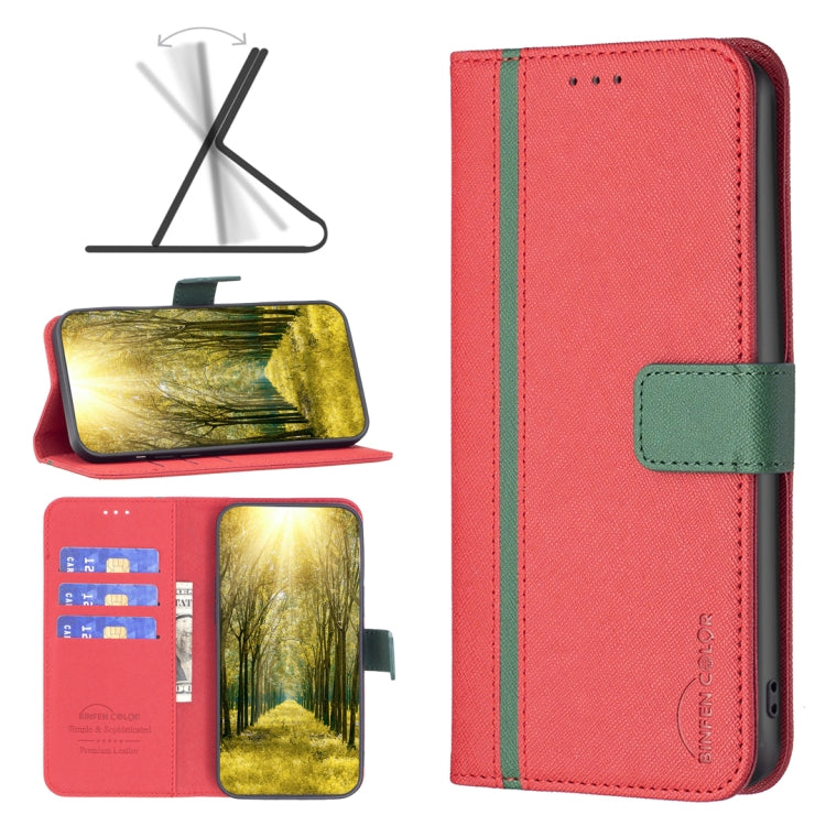 Red leather folio phone case with green magnetic strap, front view