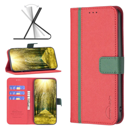 Red leather folio phone case with green magnetic strap, front view