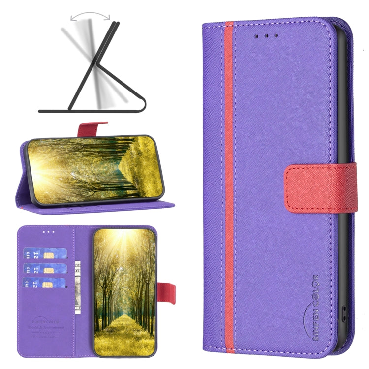 Purple leather wallet phone case with red side strap, card pocket, and button cutouts