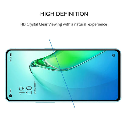 Full-screen tempered glass protector with clear viewing surface for smartphone front screen.