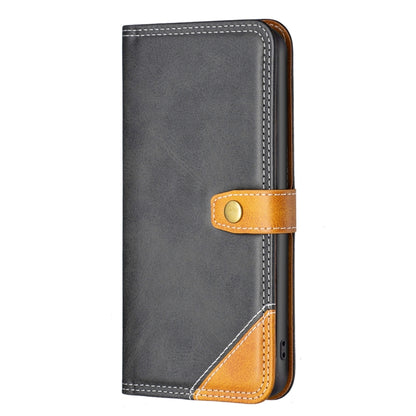 Gray leather wallet phone case with tan button strap and double stitching along edges