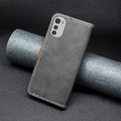 Gray leather phone folio with camera cutout and double-stitched trim