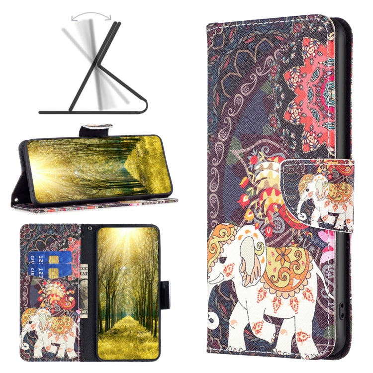 Flip leather phone case with panda and elephant illustration, dark purple-red print