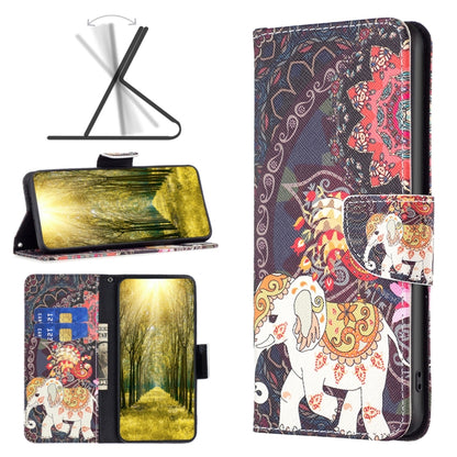 Flip leather phone case with panda and elephant illustration, dark purple-red print