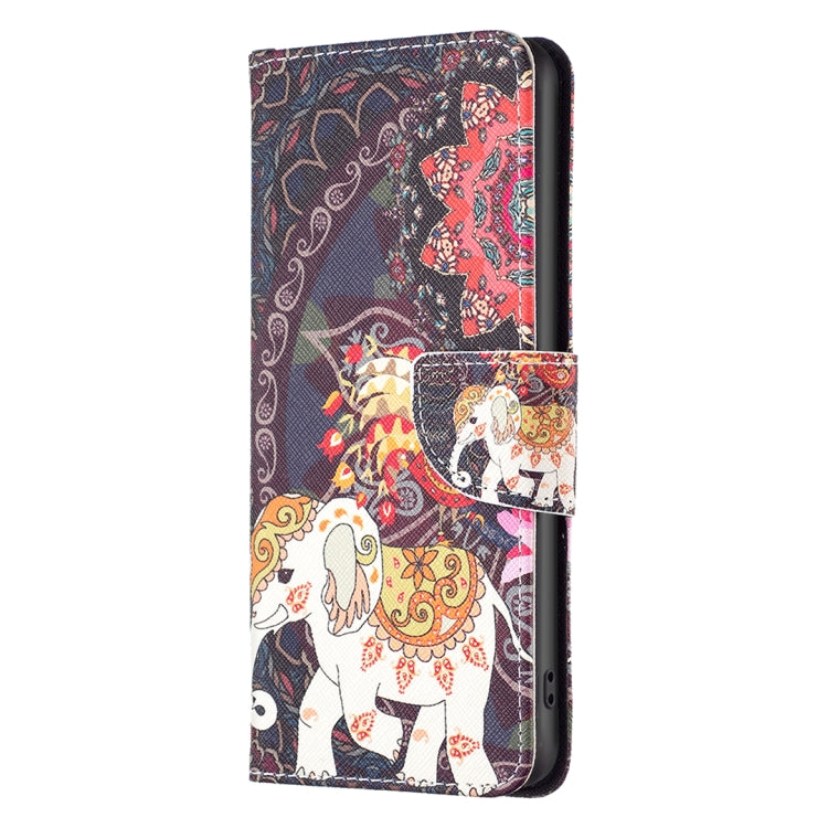 Leather flip phone case with panda and elephant artwork, dark purple-red cover