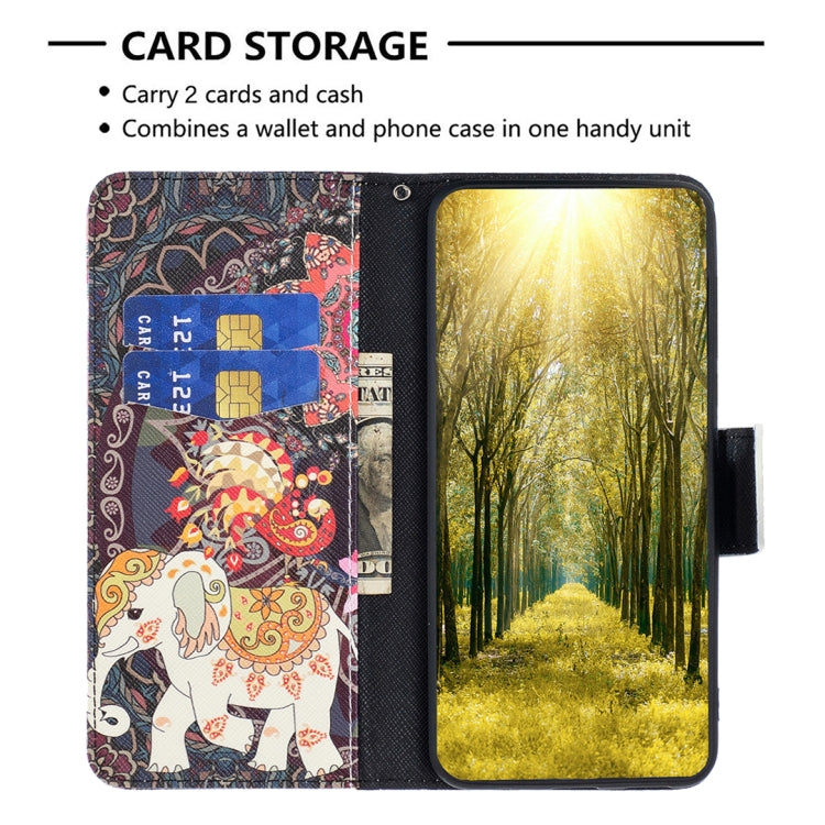 Leather flip phone case with card slots, panda-and-elephant design and landscape window