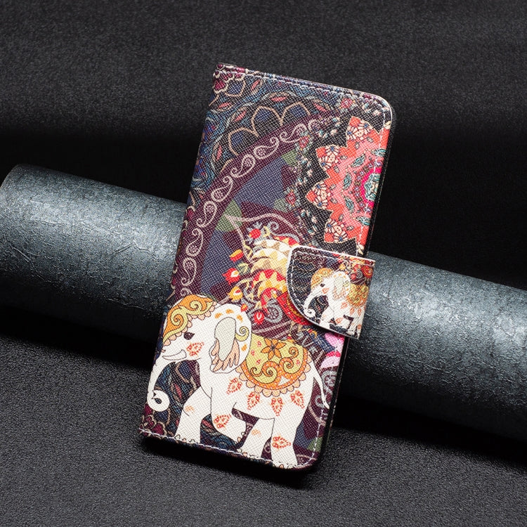 Leather wallet phone case with panda and elephant illustration, purple-red patterned cover