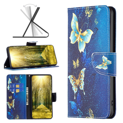 Flip leather phone case with butterfly illustration, blue cover with matching hand strap