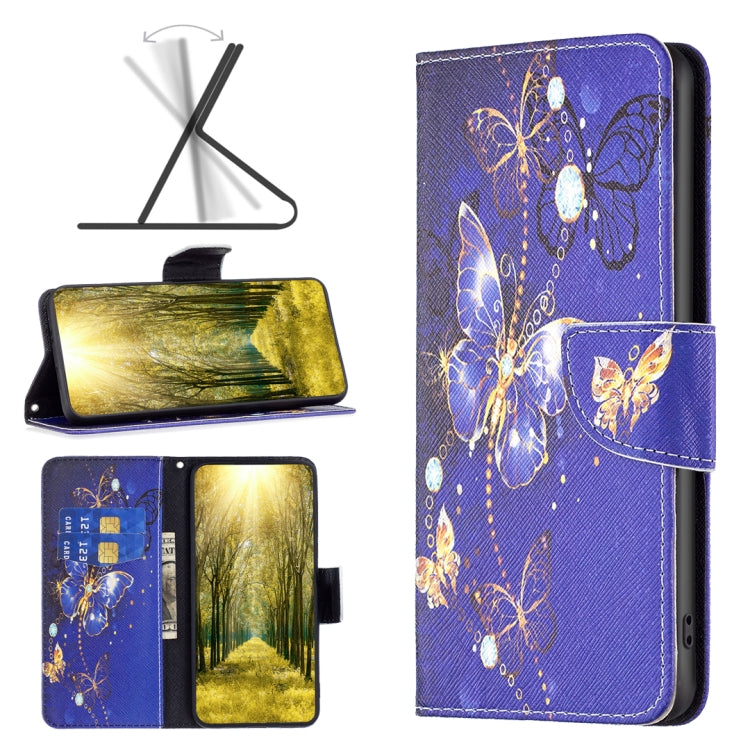 Leather flip phone case with purple butterfly and glitter dots, card-slot style flap