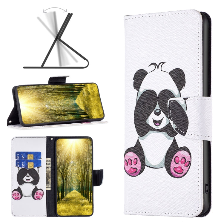 White leather flip phone case with large panda illustration and side camera cutout