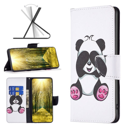 White leather flip phone case with large panda illustration and side camera cutout