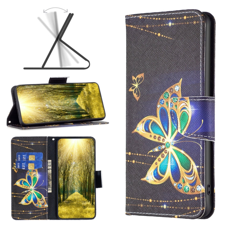Brown leather phone case with gold floral and blue butterfly artwork