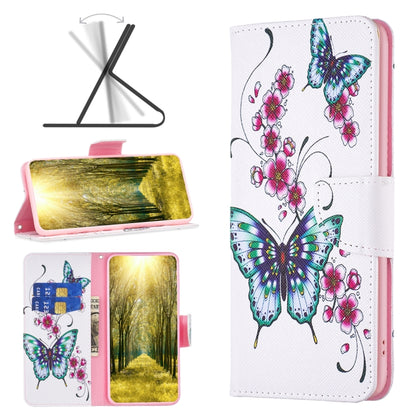 White leather phone case with pink blossoms and colorful butterfly print