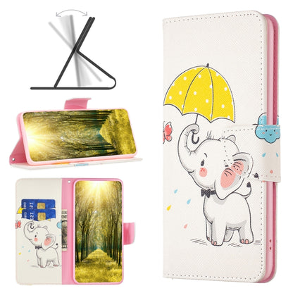 White leather phone case with cartoon elephant holding umbrella and rain drops